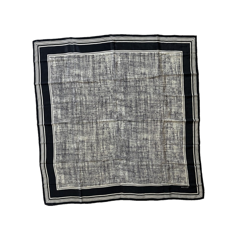 VTG Echo Silk Scarf Black White Square 34x34 Abstract Rolled Edges